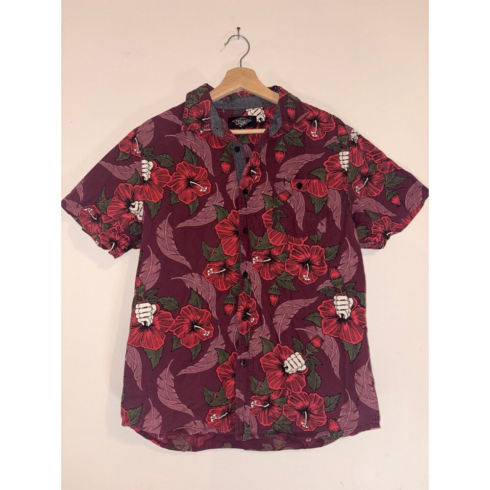 Eighty-Eight Red Floral Skeleton Fist Print Cotton Button-Up - Size L